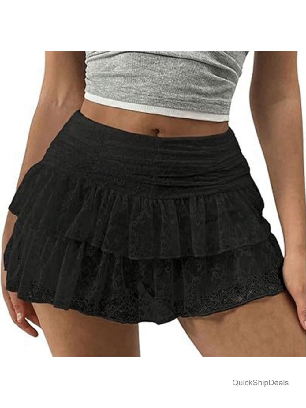 Y2K Lace Ruffle Mini Skirt Tiered Mesh Skorts - Floral Lace A-Line